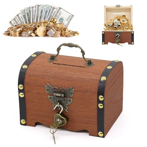 Spetsbst Tirelire coffre au trésor avec clé, coffre au trésor vintage, coffre au trésor de mariage, boîte à monnaie pour enfants, convient pour le...