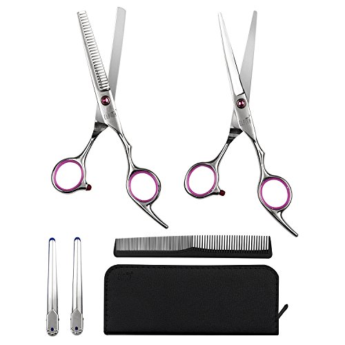Elfina Hair Cutting Shears, 6.0" Professional Stainless Barber Scissors Set for Hairdressing, Thinning, Texturizing, Salon or Home Use - Flat Shears, Tooth Shears, Comb & Hair Clip Included (Pink)