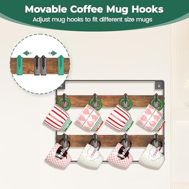 EsLuker.ly Mug Holder Hanger Rack Wall Mounted Wooden 3 Pack Coffee Cup Storage Organizer Display Shelf with 24 Movable Plastic Hooks, Ideal for Mug Collectors