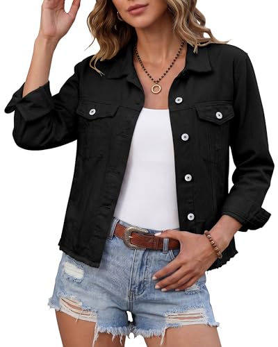 Image of luvamia Denim Jacket for Women Distressed Jean Jackets Button Up Vintage Western Trucker Jacket Frayed Hem Pockets
