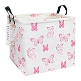 FANKANG Square Nursery Hamper Storage Bins Canvas Laundry Basket Foldable with Waterproof PE Coating Storage Baskets Gift Baskets for Children, Office, Bedroom, Clothes（Square-pink butterfly ）