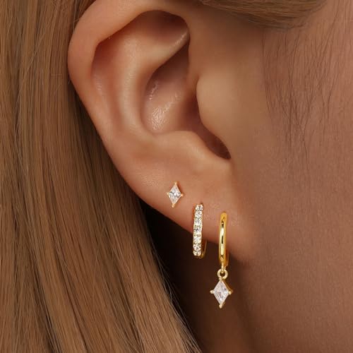 Angelady Gold Hoop Earrings Set for Women, Dainty 14K Gold Plated Huggies Earring, Sterling Silver Hypoallergenic Cartilage Earrings, Trendy Earring Stacks for Multiple Piercing Jewelry Gift(3 Pairs)3