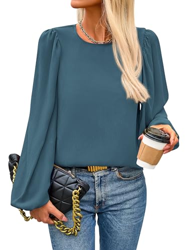 PRETTYGARDEN Womens Tops 2025 Spring Puff Long Sleeve Chiffon Work Blouses Dressy Casual Crewneck Flowy Shirts Fall Outfits