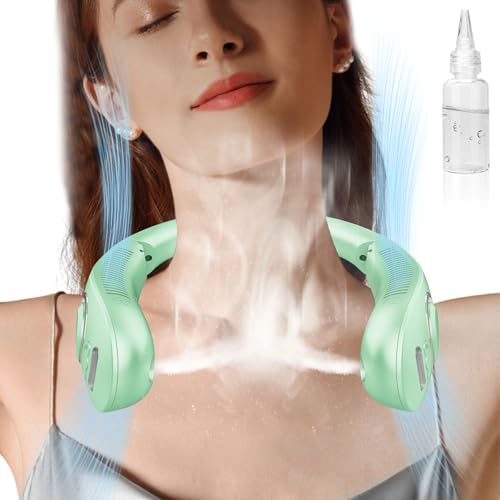 Image of Neck Fan that Blow Cold Air with Water Mist, Rechargable USB-C & LED Display, Personal Ventilador de Agua de Aire Frio, Mobile Portable Wearable AC Fans for Kid Girl Mens Outdoor Travel Sports, Green