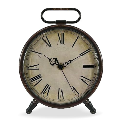 Vintage Desk Clock, 8 Inches Silent Non-Ticking Battery Operated Metal Table Top Clock for Bedroom, Living Room, Office, Shelf Decor (Brown)