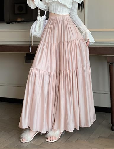 chouyatou Women's Summer A-Line Flare Tiered Maxi Skirt High Waist Flowy Swing Long Pleated Skirts3