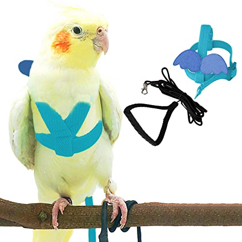 Dnoifne Pet Parrot Bird Harness and Leash, Adjustable Training Design Anti-Bite, Bird Nylon Rope with Cute Wing for Parrots, Suitable for Scarlet, Keck, Mini Macaw and Same Size Birds (Light Blue)