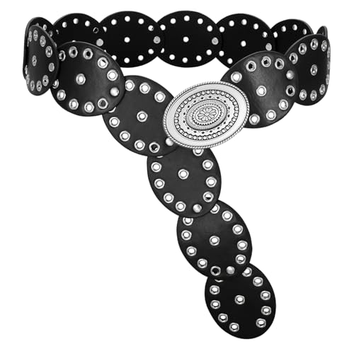VONMELLI Women Western Disc Belt Cowgirl Concho Leather Belts for Dress Wide Boho Waist Belt for Concert Outfits Black with Silver Buckle M