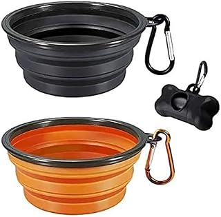MEBBER 2 Pack Portable Collapsible Dog Bowl,Foldable Travel Bowl Dish for Small Pet Dog Cat Food Water Feeding,Including Black Dog Poop Bag Holder Dispenser,Black and Orange