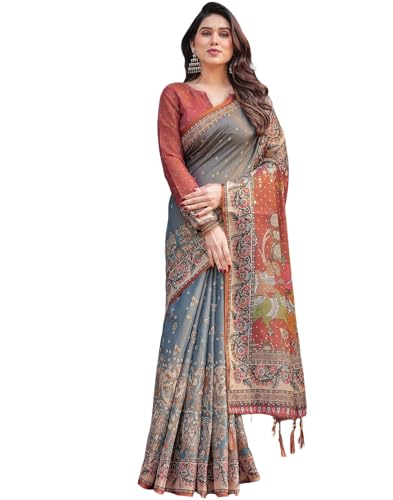 Image of SIRIL Women's Cotton Linen Printed Handloom Saree with Unstitched Blouse Piece