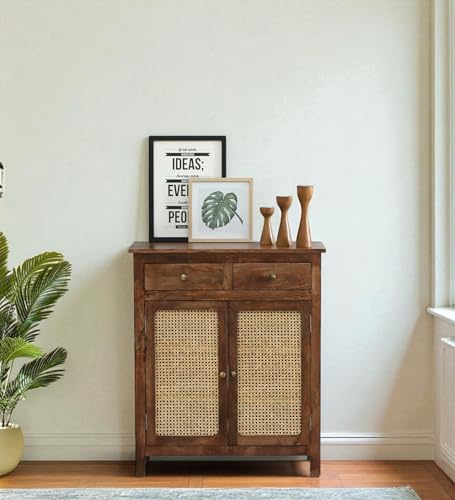 Image of Solid Wood Madrid 2 Drawers Sideboard | Crockery Cabinet | Natural Cane /Rattan Cabinet | Finish - Tubaq