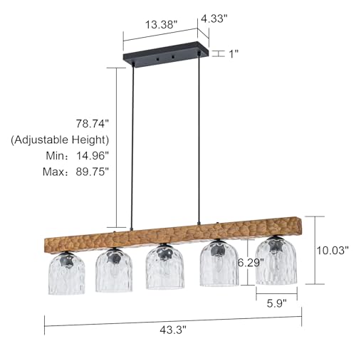 Image of 43.3 inch Farmhouse Linear Chandelier 5 Light Wood Linear Pendant Light with Hammered Glass Shades Rustic Dining Room Light Fixture Over Table Kitchen Island