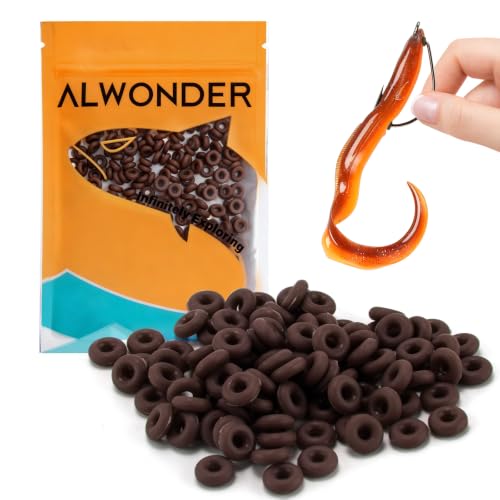 Alwonder 250-Pack Bait Stoppers Pegs Small Silicone Pegs for Pegging Soft Plastic Fishing Lure, Mini Soft Lures Worms Baits Keeper Retainer O-Rings to CarolinaTexas Wacky Rigs Fishing Hooks Brown S