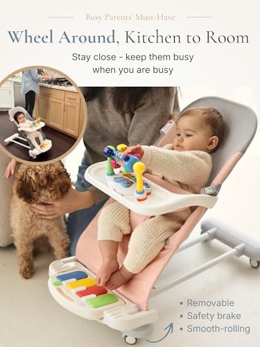 Image of Cuddo Baby Bouncer 4-in-1 |Pianos, Feeding Tray, Play Bar, Wheels| Pink | Grow with Baby, Breathable Mesh, 3-Level Recline Foldable Seat, for Infant to Toddler, Girl Gift Idea