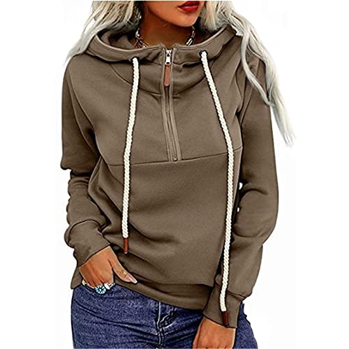 whitzard Sudadera con capucha para mujer con cremallera 1/4, informal, monocolor, manga larga, caqui, L Cover
