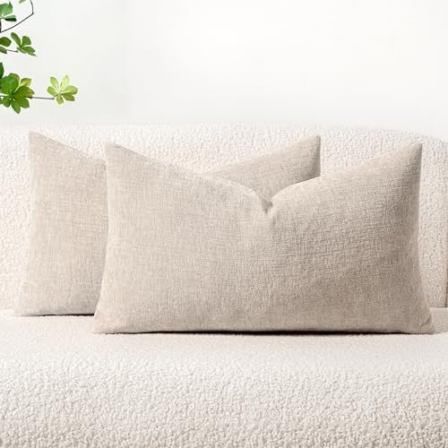 Image of MIULEE Pack of 2 Couch Throw Pillow Covers 12x20 Inch Soft Light Brown Chenille Lumbar Pillow Covers for Sofa Living Room Solid Dyed Cases
