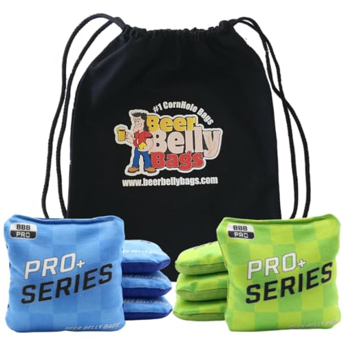 Beer Belly Bags Pro Plus Competitive Cornhole Bags Pro+ Series Tournament Regulation Resin Fill Set of 8 Includes Carrying Tote Made in USA (Blue/Green)