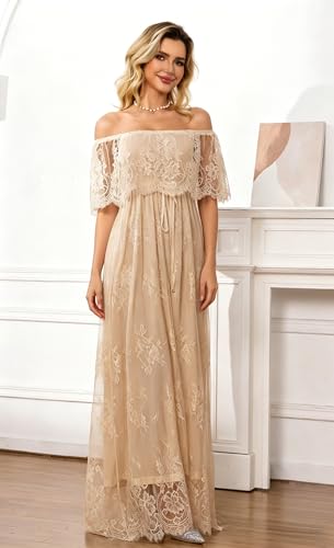 Image of HOYISHION Women's Off The Shoulder Floral Lace Maxi Dress White Bridesmaid Wedding Party Maternity Photoshoot Long Dresses
