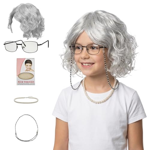 Carreuty 100 Days of School Costume Old Lady Wig Costume for Kids Girl