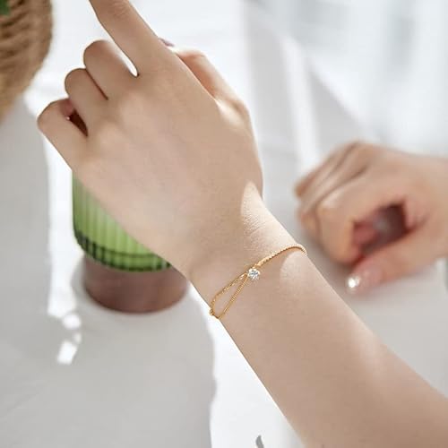 14K Gold Moissanite Patchwork Chain Tennis Bracelet, Dainty Solitaire Moissanite Diamond Layered Adjustable Bracelet,Perfect Jewelry Gift For Mom (Yellow Gold) #TOP1