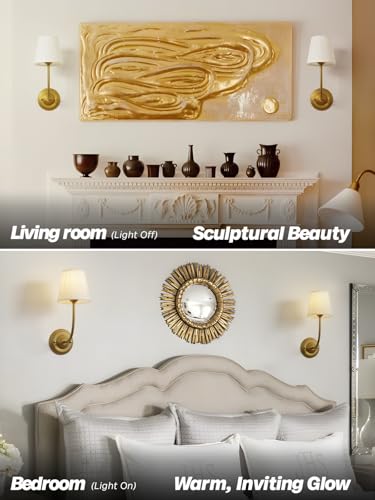 Image of Vintage Fabric Wall Sconces Set of 2 with 5.5 inch Funnel Linen Cloth Shade, E26 Hardwired Indoor Wall Mounted Lamp Fixtures for Bedroom Dining Room Hallway Bathroom