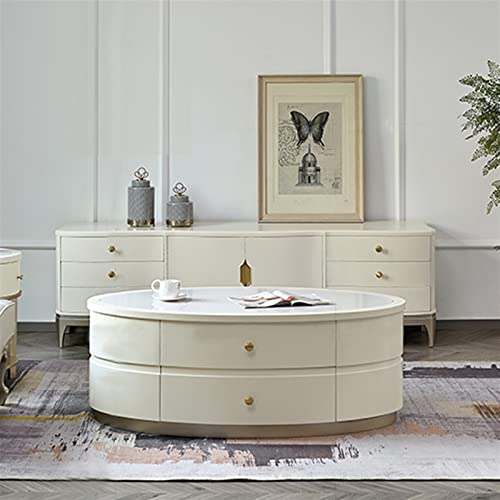 Beistelltisch Beistelltisch, moderner Luxus-Couchtisch mit einzigartigem Schreibtisch und stabilem Sockel, ovaler Sofatisch, Mitteltisch mit 2 großen Schubladen, für Wohnzimmer und Büro, – Bild 3