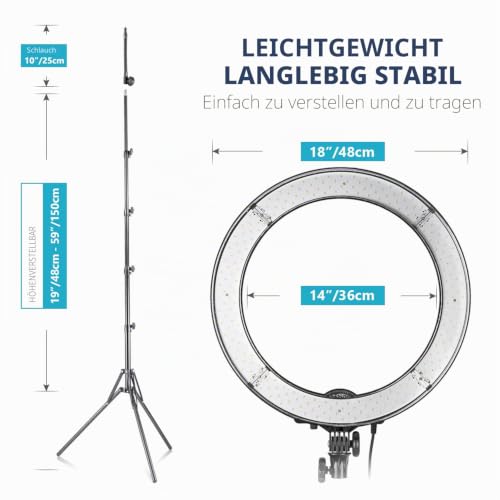 NEEWER Kamera Foto Video Ringlicht Kit: 18 Zoll/48 Zentimeter Außen 52W 5500K dimmbare LED Ringlicht Licht Standplatz Bluetooth Empfänger für Smartphone YouTube Self-Porträt Aufnahmen