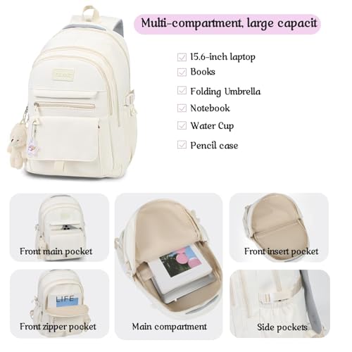 Image of PRLINJSK Girls Backpack for College High Middle School Student, Cute Aesthetic Bookbag for Teens Women with Accessories,Beige