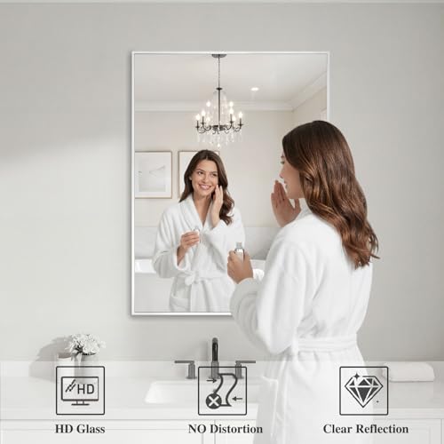 Image of Koonmi White Rectangle Wall Mirror, 24x32 Inch Bathroom Mirror, Aluminum Frame Vanity Mirror for Entryway, Living Room, Bedroom Bathroom, Hangs Horizontally or Vertically