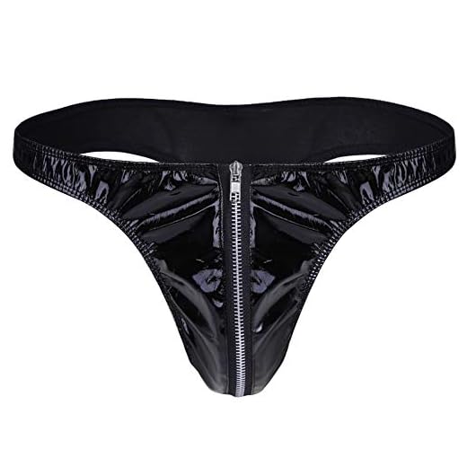 iiniim Homme Noir sous-vêtements Lingerie Zip en Cuir String Tanga Thong Bikini Noir M