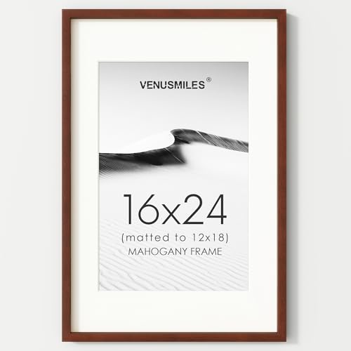 Image of 16x24 Poster Frame, USA-Sourced Natural Mahogany Wood Picture Collage Frame with HD Tempered Glass, Modern Simple 16 x 24 Wooden Photo Frame Matted to 12x18, Vertical & Horizontal Wall Hanging Display