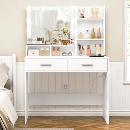 Coiffeuse Avec Miroir Et éclairage LED Réglable 3 Couleurs | Blanc, Rangement Spacieux, Structure MDF Robuste
