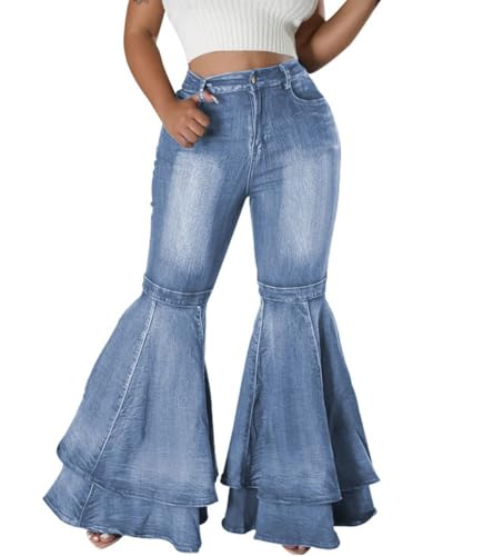 Women's Cute Flare Jeans Pleated Layered Ruffle Bell Hem Wide Leg Denim Pant