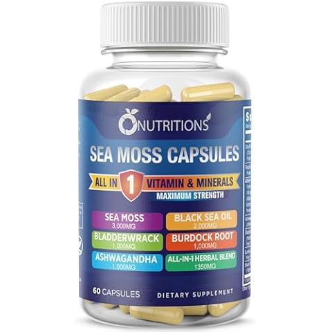 O NUTRITIONS O Nutritons All-in-1 Supplement with Sea Moss: 3000mg Sea Moss, 2000mg Black Seed Oil, 1000mg Ashwagandha, Turmeric, Bladderwrack, Burdock, ACV, Black Pepper Cover