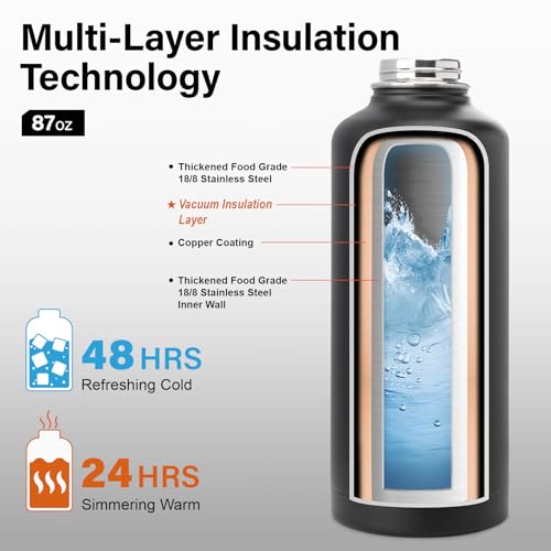 Insulated Water Bottle | Thickened Stainless Steel for Gym and Hiking with Straw, Carrier Bag, Handle Strap | BPA-Free 87 oz