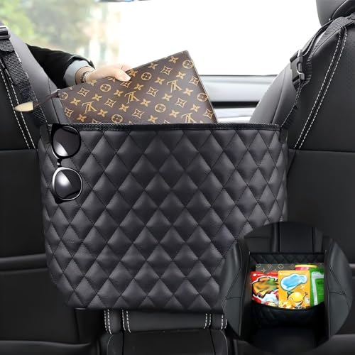 SunlightXS Car Net Pocket Handbag Holder,Purse Holder for Between Seats,Leather Seat Back Organizer Mesh Large Capacity Bag,Handbag Between The Two Seats