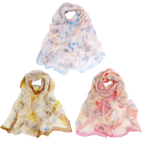 3 Pack Scarves for Women Lightweight, Breathable Floral Print Pattern Scarf Large Neck Scarves for Women Formal Evening Dresses Shawl Summer Wraps
