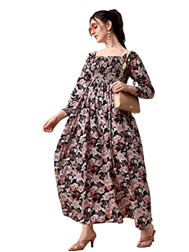 Sheetal Associates Women's Floral Printed Crepe Full Length Dress Black
