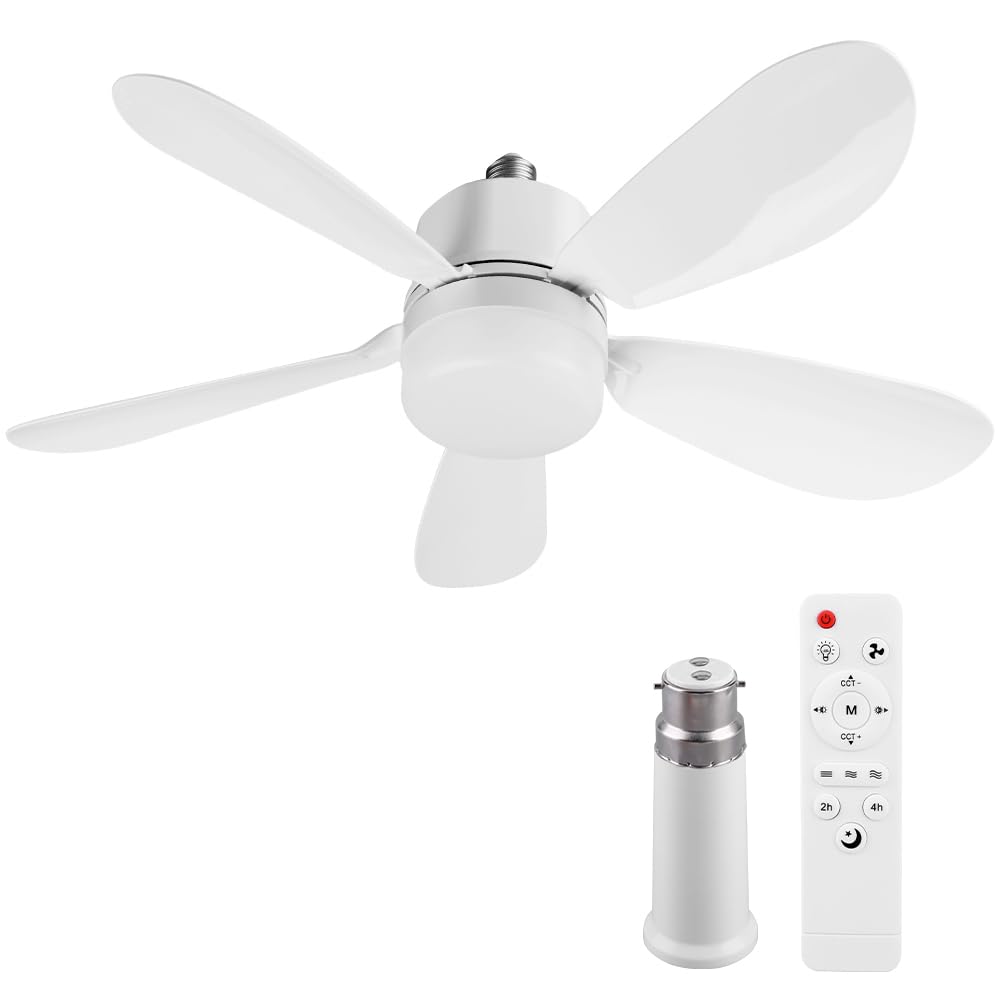 Ceiling Fan Light with Remote | 52CM Plug in Socket Ceiling Fan Light | Timing Dimmable Led Light Fan Bulb Fitting | E26/E27/B22 Silent Screw in Lamp Fans for Bedroom
