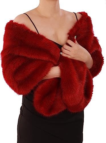 Octwine Fashion Bride Faux Fur Shawl Wrap Warm Comfortable Stole Shrug Winter Bridal Wedding Cover Up Long Shawl Cloak Cape Coat for Women (Red)