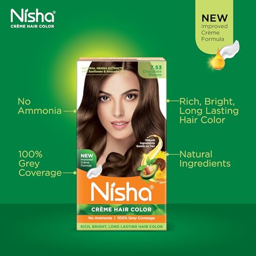 Image of Nisha Creme Hair Color, Permanent Hair Colour Chocolate Blonde, Silky & Shiny 100% Grey Coverage & Ammonia Free Color With Natural Henna Extract, 60G+60Ml