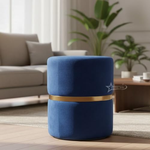 Image of Round Single Strip Upholstered Stool Living Room Foot Rest Linen Fabric Padded Seat Pouf Ottoman Office Stool Blue