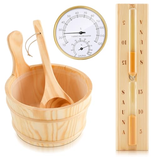 4 Pcs Sauna Accessories Set Include Wooden Sauna Bucket (With Plastic Liner) with Ladle 2 in...
