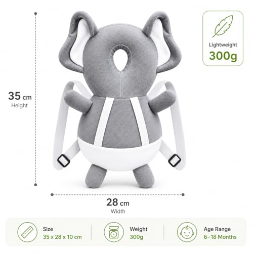 Image of GLUN Baby Head Protector Backpack, Pack of 1 Cute Elephant Soft Cushioning, Adjustable Shoulder Belt, Head Protection Back for 6-18 Month Toddler Kids