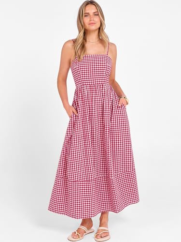 Image of Caracilia Womens Maxi Dresses Gingham Spaghetti Strap Back Smocked Flowy Long Sundress Summer Beach Vacation Clothes 2026