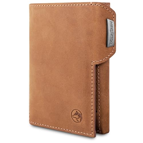 Wolfstrøm Slim Wallet 'Svente' I 11 Karten Mini Geldbörse klein mit Münzfach, RFID Blocker I Damen und Herren Portemonnaie I Credit Card Holder Geldbeutel – Vintage Whiskey
