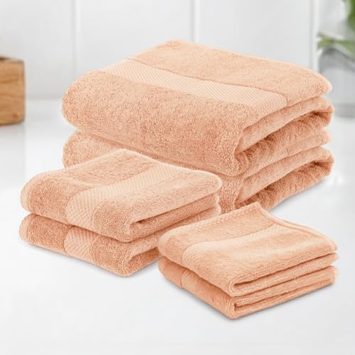 Earthy Fables Premium Gift Combo of 2 Bath Towel, 2 Hand Towels and 2 Face Towels – 100% Cotton, 600 GSM, Soft & Absorbent, Quick Dry & Skin-Friendly – Peach, Set of 6
