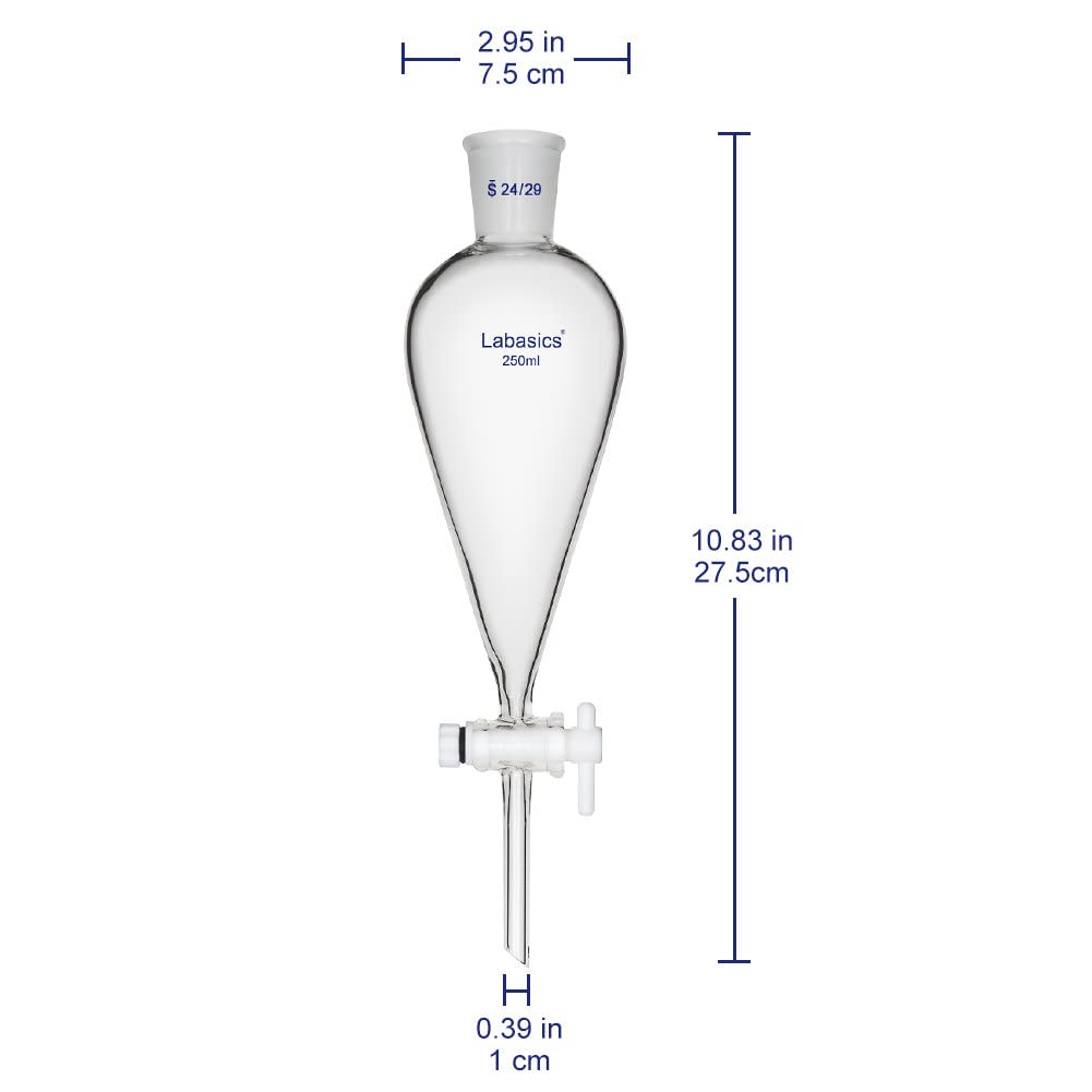 Labasics Imbuto Separatore Conico a Parete Pesante in Vetro Borosilicato con 24/29 Giunti e Rubinetto di Arresto in PTFE, 250 ml