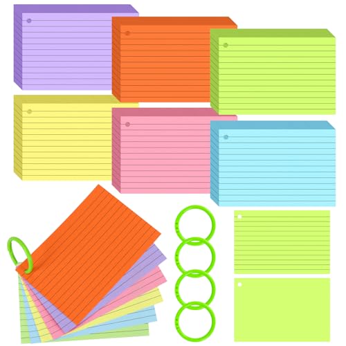 Tecmisse 180 cartões coloridos com anel, cartões de índice de 10 x 15 cm, cartões em branco para esc