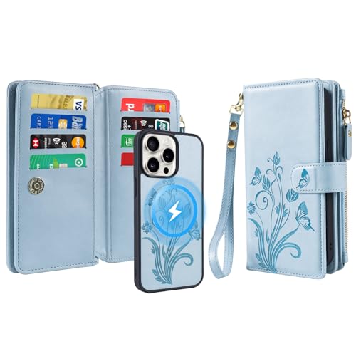 Lacass for iPhone 15 Pro Case Wallet, Floral Sky Blue
